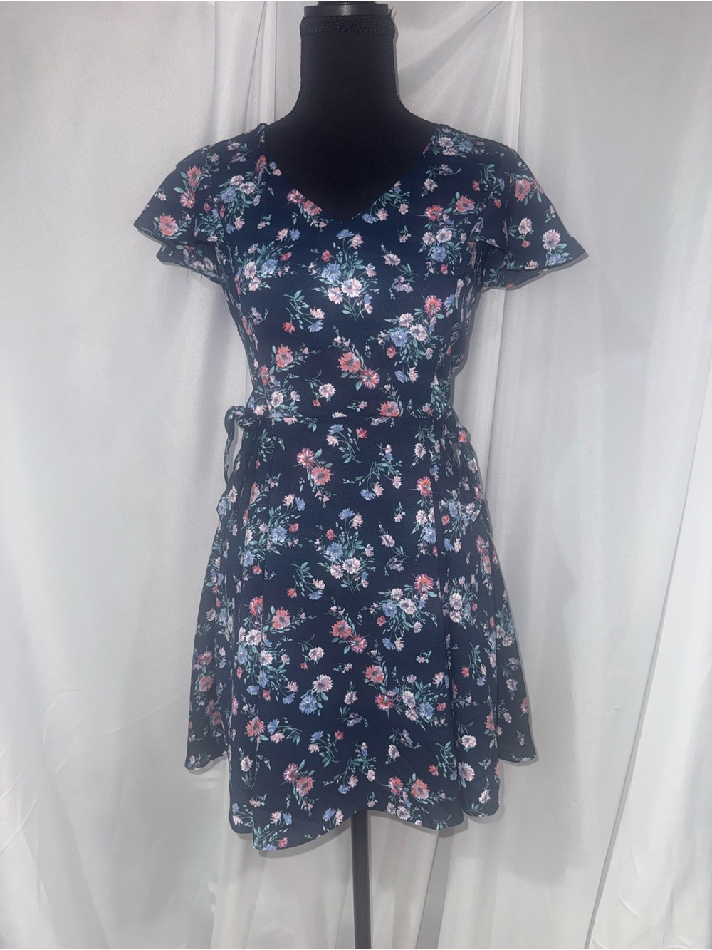 Copper Key Navy Floral Wrap Mini Dress with Pink & Blue Flowers